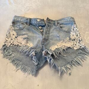 We The Free Light Blue Jean Shorts with White Lace